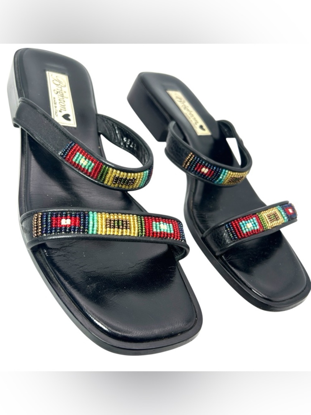Brighton Black Leather Slide Sandals 9 Multicolor Beaded Straps festival shoes